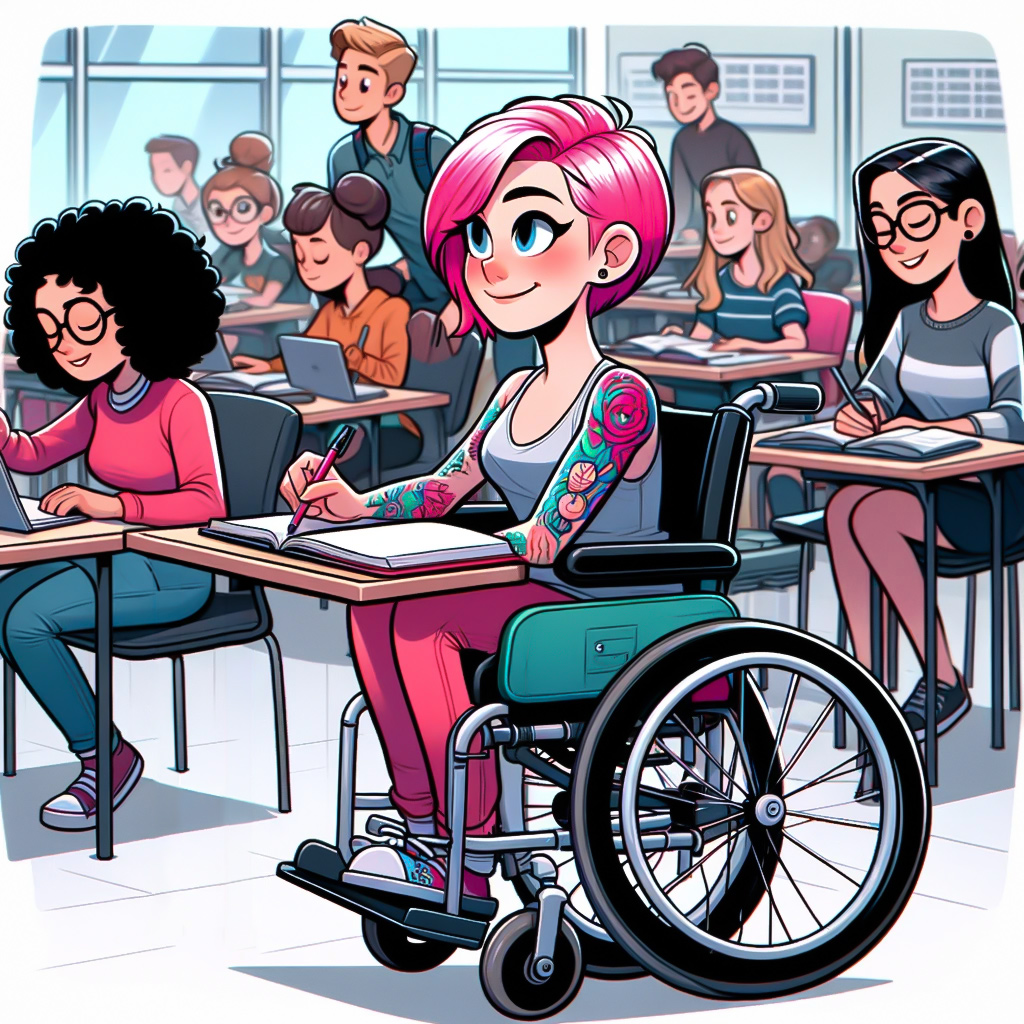 Kuva kuvastaa tilannetta, jossa pyörätuolissa istuva nainen on opiskeluympäristössä. Naisella on pinkit lyhyet hiukset ja tatuointeja, ja hän osallistuu aktiivisesti oppimiseen modernissa ja osallistavassa luokkahuoneessa tai luentosalissa. Kuvissa korostuu osallisuuden ja esteettömyyden tärkeys koulutuksessa.