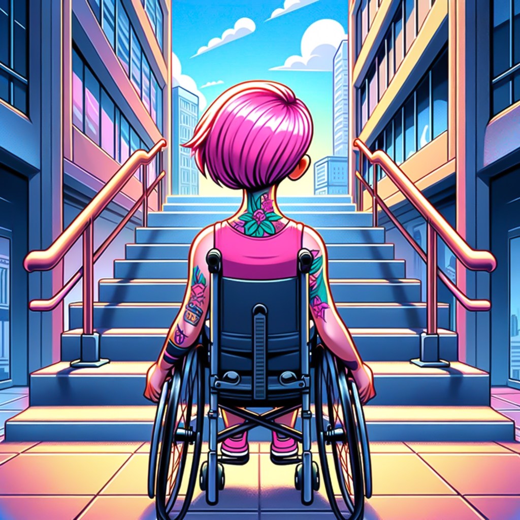 Kuva esittää naista pyörätuolissa kohtaamassa esteitä, kuten portaita ilman ramppia. Naisella on pinkit lyhyet hiukset ja näkyviä tatuointeja.