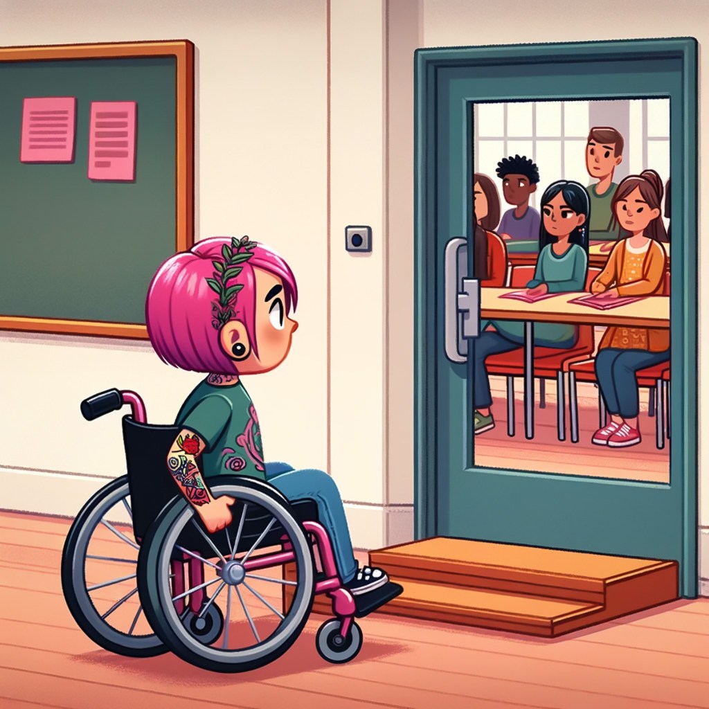 Kuvassa on tilanne, joka kuvaa tilannetta, jossa pyörätuolissa istuva nainen ei pääse opiskeluhuoneeseen esteellisyyden vuoksi, kuvastaen ableismia koulutuksessa. Kuvassa korostuu esteenä olevat portaat ja naisen kokema ulkopuolisuus.
