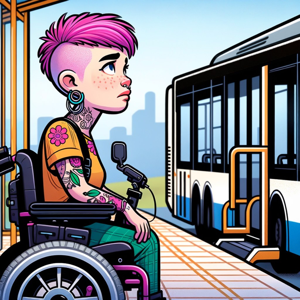 Kuva kuvastaa tilannetta, jossa sähköpyörätuolia käyttävä nainen kohtaa esteitä yrittäessään nousta bussiin. Kuvat korostavat liikenteen esteellisyyttä ja ableismia, ja niissä nainen näyttää turhautuneelta ja pettyneeltä julkisen liikenteen saavuttamattomuuteen. Ympäristö on kaupunkimainen, korostaen näiden esteiden arkipäiväisyyttä.