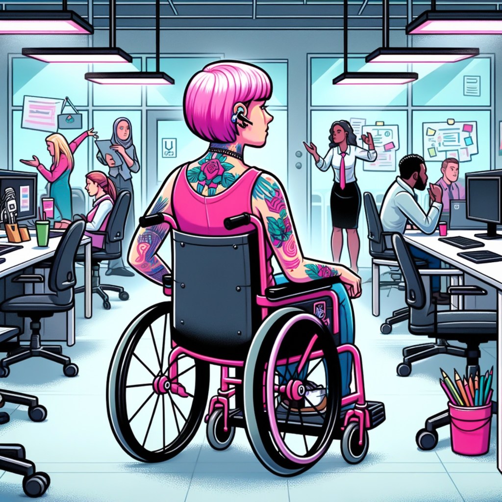 Kuvassa keskellä pinkissä pyörätuolissa istuva pinkkitukkainen tatuoitu nainen. Ympärillä vilkas työyhteisö, joka selvästi ohittaa naisen.