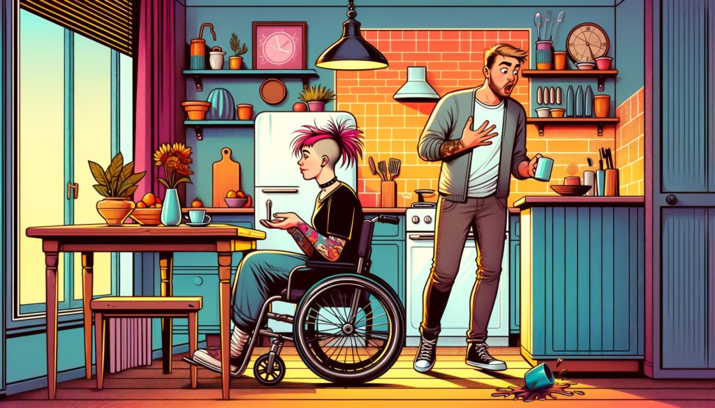 Tekoälyn avulla tehdyssä sarjakuvatyylisessä kuvituskuvassa pinkkitukkainen tatuoitu nuori nainen on vielä autuaan tietämätön, että kuvassa oleva mies on juuri pudottanut hänen kahvikuppinsa.