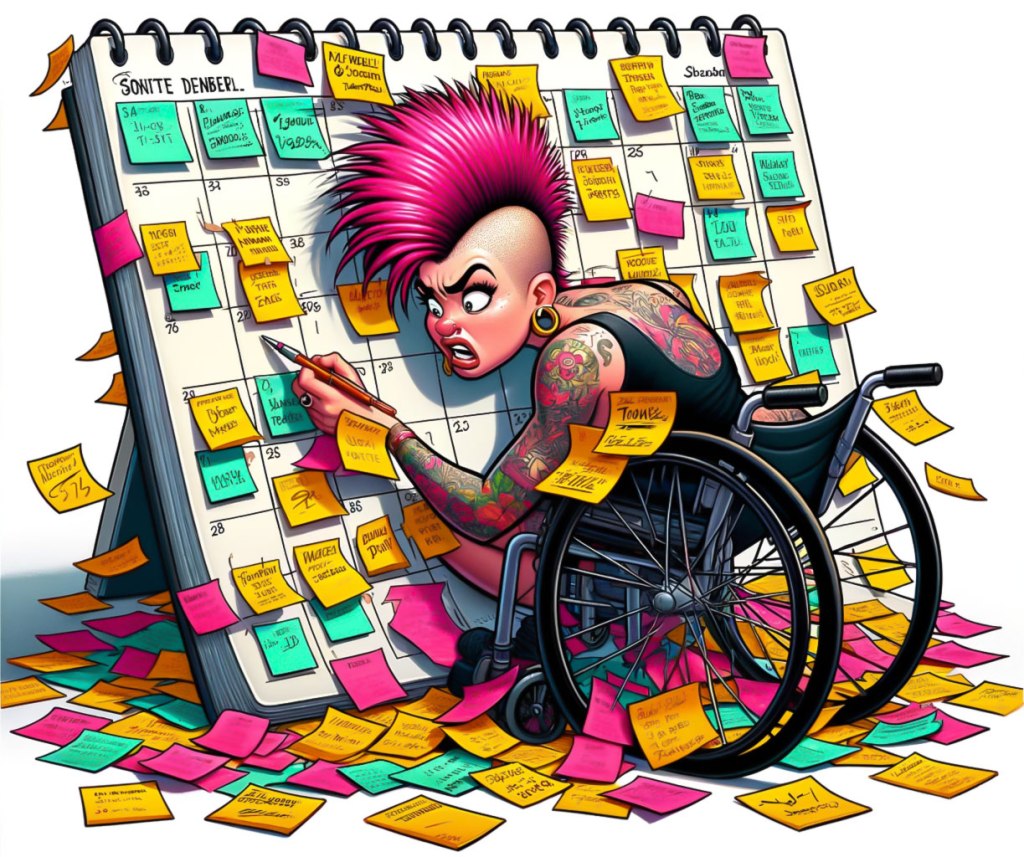 Tekoälyn avulla tehty sarjakuvatyylinen kuvituskuva, jossa pinkkitukkainen tatuoitu nuori nainen yrittää epätoivoisesti järjestää koomisen suurta ja täyttä kalenteriaan.