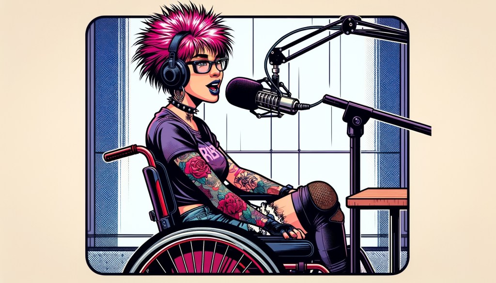 Sarjakuvatyylisessä kuvassa pyörätuolia käyttävä pinkkihiuksinen nuori nainen puhuu mikrofoniin podcast-studiossa.