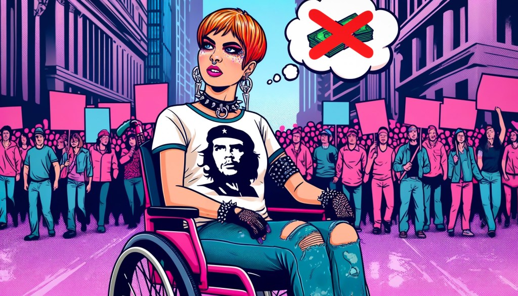 Piirroskuvassa on taustalla kuvattu mielenosoitus ja etualalla oranssitukkainen hahmo istumassa pyörätuolissa. Hänellä on voimakas meikki, kaulapanta ja valkoinen t-paita, jossa on Che Guevaran kuva. Hänen vieressään on ajatuskupla, jossa on setelinipun päälle vedetty punainen ruksi.