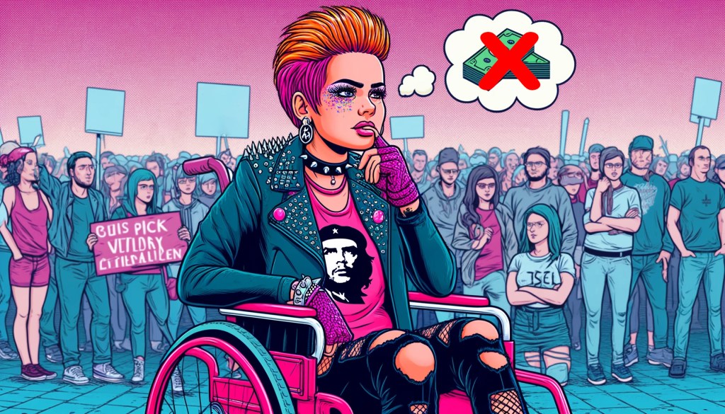 Etualalla pinkissä pyörätuolissa istuva hahmo, jolla on niittikoristeltu nahkatakki, niittipanta ja värikkäät hiukset. Hahmolla on ajatuskupla, jossa setelinippujen päälle on vedetty punainen raksi. Taustalla näkyy mielenosoitus.