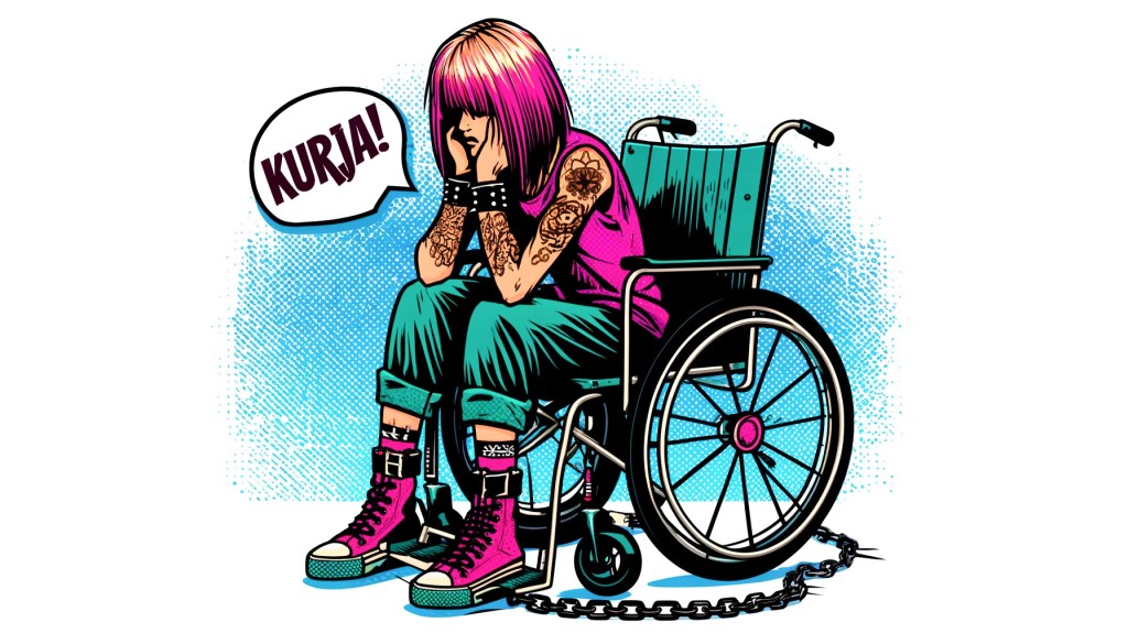 Piirroskuva, jossa pitkätukkainen tatuoitu hahmo istuu pyörätuolissa ja nojaa käsiinsä. Hänen nilkoissaan on kahleet pinkkien tennareiden päällä. Hänen edessään on puhekupla, jossa lukee "KURJA!"