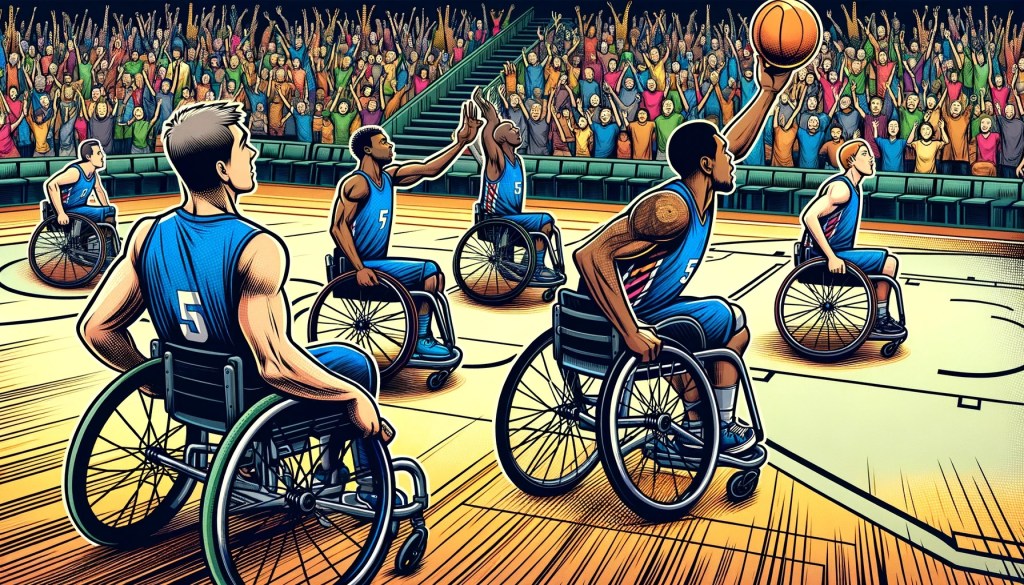 Piirroskuvassa pyörätuolikoripallojoukkue pelaamassa täyden katsomon edessä.
