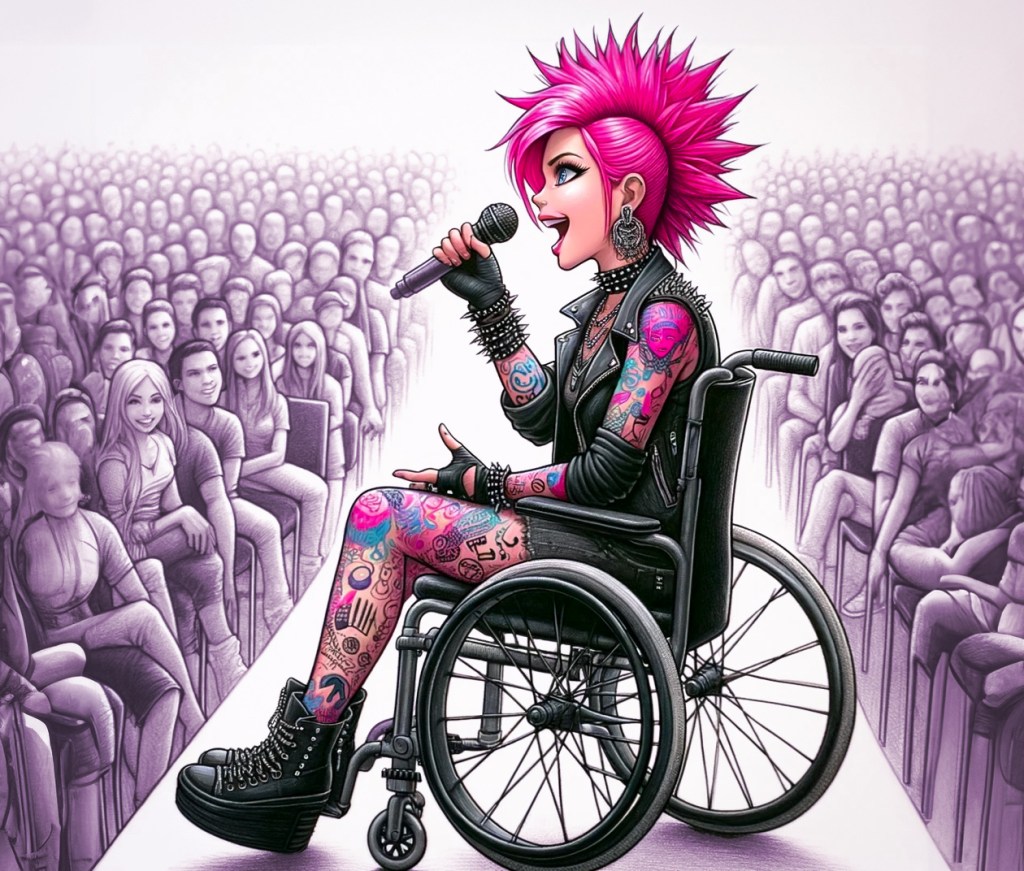 Täyden yleisön edessä, kirkkaasti valaistuna etualalla punk-henkisiin vaatteisiin pukeutunut hahmo puhuu mikrofoniin vakuuttavan näköisenä. Hahmolla on paljon värikkäitä tatuointeja ja pinkit hiukset.