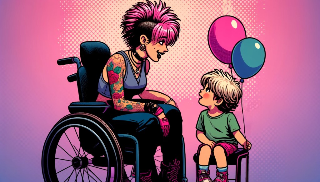 Sarjakuvatyylisessä kuvassa pyörätuolissa istuva pinkkihiuksinen tatuoitu nuori nainen juttelee pienelle pellavapäiselle lapselle. Lapsella on kädessään kaksi ilmapalloa ja tämä kuuntelee naisen juttuja innostuneen näköisenä