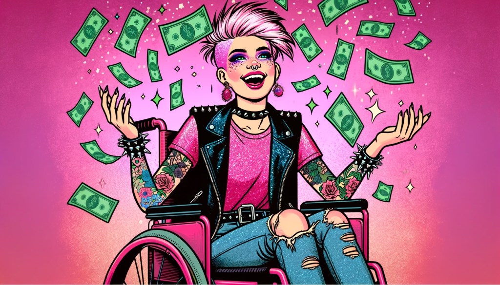 Piirroskuvassa punk-henkisesti pukeutunut hahmo istuu pyörätuolissa ja nauraa leveästi. Hänen kätensä ovat sivuilla ja hänen päälleen sataa seteleitä.