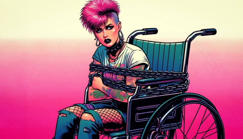AI:n avustuksella tehty värikäs sarjakuvatyylinen kuva, jossa tatuoitu ja pinkkihiuksinen vammainen nuori nainen istuu kahlittuna vanhanmalliseen pyörätuoliin.