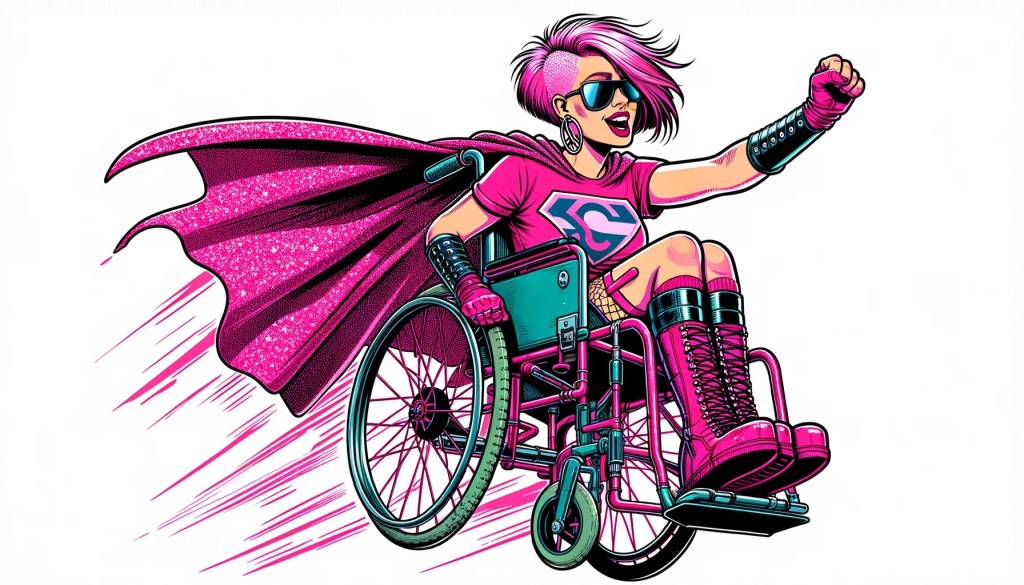 Piirroskuvassa pinkkiin pukeutunut supersankari lentää pyörätuolissa istuen, toinen käsi edessä nyrkkiin puristettuna. Hänen hiuksensa ovat pinkit ja hänen selässään liehuu pinkki glitter-viitta.