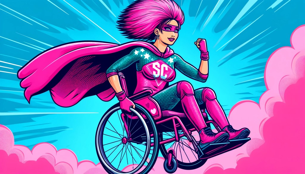 Taustalla näkyy sininen taivas ja vaaleanpunaisia pilviä. Kuvan etualalla pinkissä lentävässä pyörätuolissa istuu supersankariasuinen hahmo. Hänellä on pinkit hiukset ja hän näyttää voimakkaalta.