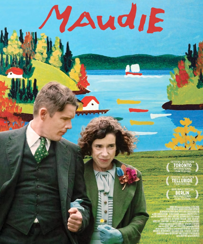 Ethan Hawke ja Sally Hawkins Maud Lewisin teoksen edessä Maudie -elokuvan promokuvassa.