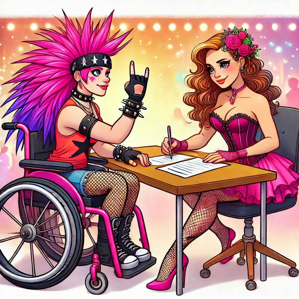 Tekoälyn avulla luodussa kuvassa kaksi hahmoa istuu pöydän ääressä keskustelemassa ja kirjoittamassa lappuja. Toinen hahmoista on pyörätuolissa. 