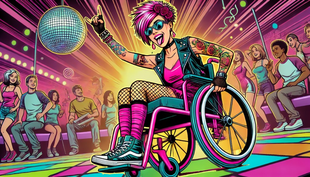 Tekoälyä käyttäen luotu piirroskuva. Näyttävästi pukeutunut, pyörätuolia käyttävä rock-henkinen nainen pitää hauskaa discossa.
