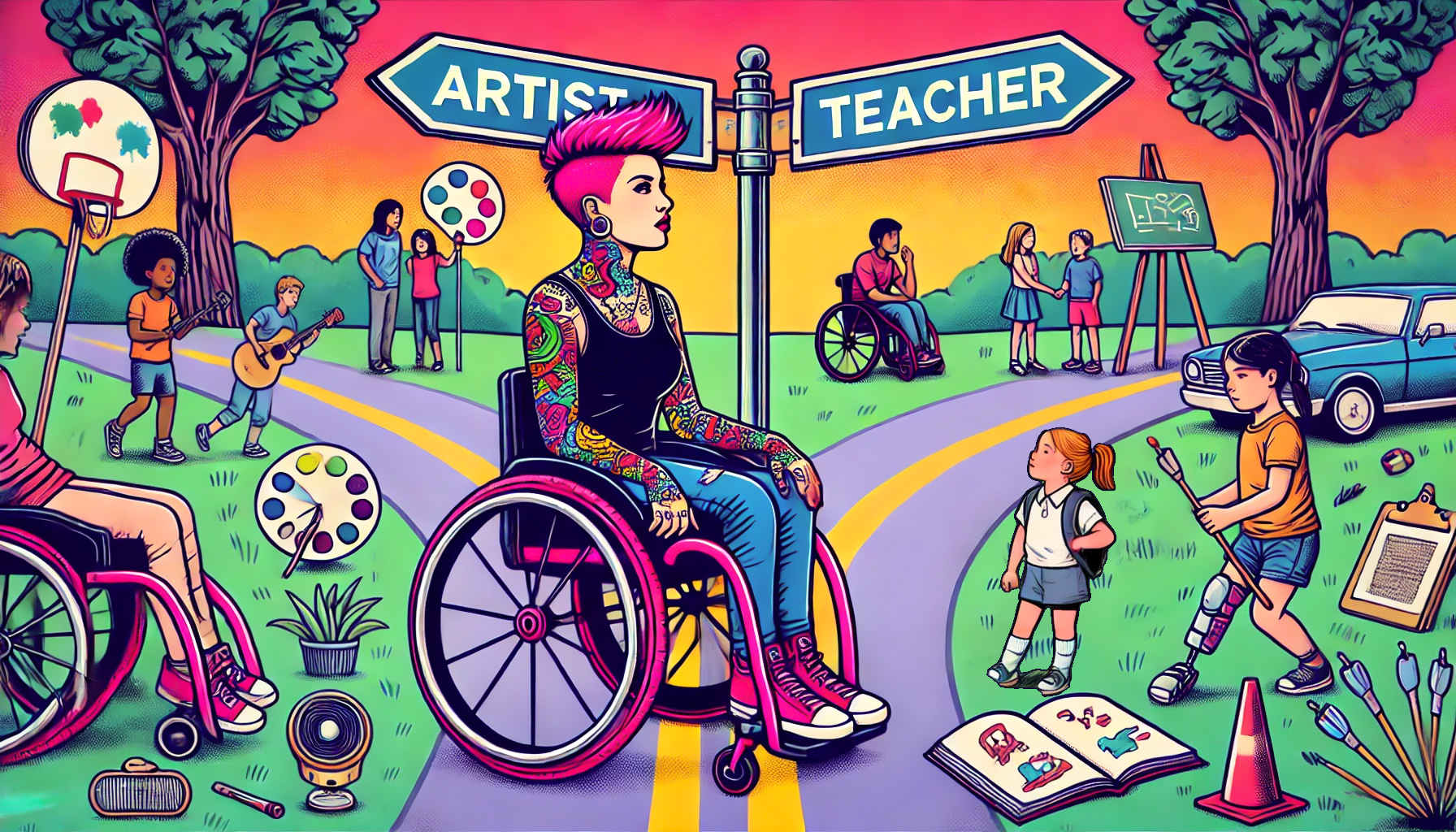 Tekoälyä käyttäen luotu piirroskuva. Pinkkitukkainen, pyörätuolia käyttävä rock-henkinen nainen on tienristeyksessä: Toisella puolella on polku taiteilijuuteen, toisella taas opettajaksi. Taiteilijan polulla on maalaustarvikkeita, opettajan polulla taas liitutaulua yms. 