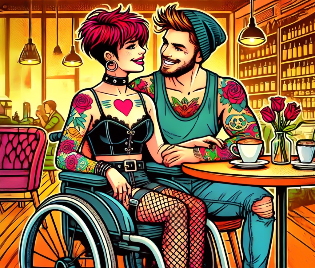 AI:n avustuksella tehty värikäs sarjakuvatyylinen kuva, jossa pyörätuolia käyttävä tatuoitu, viehättävä vammainen nuori nainen istuu kahvilan pöydässä komean tatuoidun nuoren miehen syleilyssä. Pari näyttää hyvin rakastuneilta.