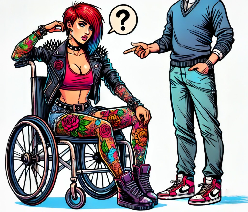 AI:n avustuksella tehty värikäs sarjakuvatyylinen kuva, jossa seksikkäästi pukeutunut pyörätuolissa istuva vammainen nainen kummastelee itseään sormella osoittavaa miestä. Nainen raapii hiuksiaan ja hänen päänsä vierellä leijuu puhekupla jossa on kysymysmerkki.