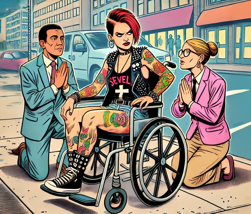 AI:n avustuksella tehty värikäs sarjakuvatyylinen kuva, jossa kaksi siististi pukeutunutta saarnaajaa on polvistuneena pyörätuolia käyttävän, tatuoidun nuoren vammaisen naisen molemmille puolille rukoilemaan jalkakäytävällä. Saarnaajat näyttävät hartailta, mutta nuori nainen näyttää ärsyyntyneeltä.