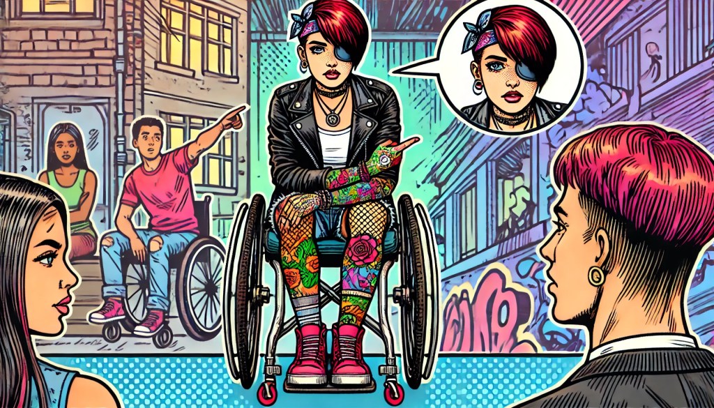 AI:n avustuksella tehty värikäs sarjakuvatyylinen kuva, jossa tatuoitu nuori vammainen nainen puhuu itsestään muille nuorille ihmisille.