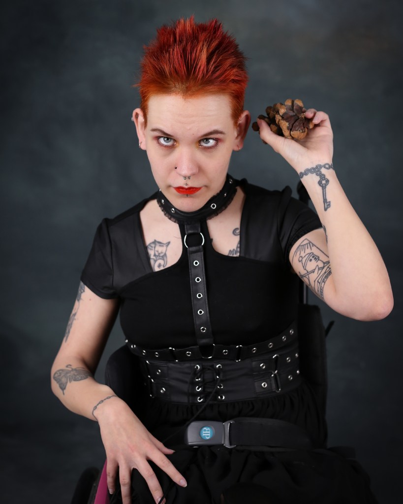 Pinja istuu äkäisen näköisenä pyörätuolissaan ja pitää kädessään heittovalmiudessa isoa mökökäpyä.