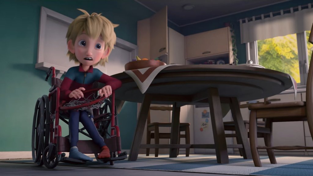 Sarjan päähenkilö, esiteini vaaleahiuksinen poika, istuu keittiössään pyörätuolissa pöydän vieressä. 