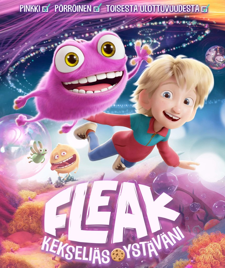 Kuvassa on. Fleakin elokuvajuliste, jossa Tuomas ja Fleak, pinkki karvainen olento, lentävät ilman halki. Tausta muistuttaa merenalaista maailmaa ja siellä näkyy muita Fleakin maailman olentoja. 

Kuvan yläreunassa on kolme ruksitettavaa ruutua, joissa kaikissa on raksi. Ruuduissa lukee: "Pinkki, söpö, pörröinen. 

Kuvan alareunassa on elokuvan nimi Fleak - kekseliäs ystäväni ja kekseliäs-sanan perässä on pieni suklaapisarakeksi. 