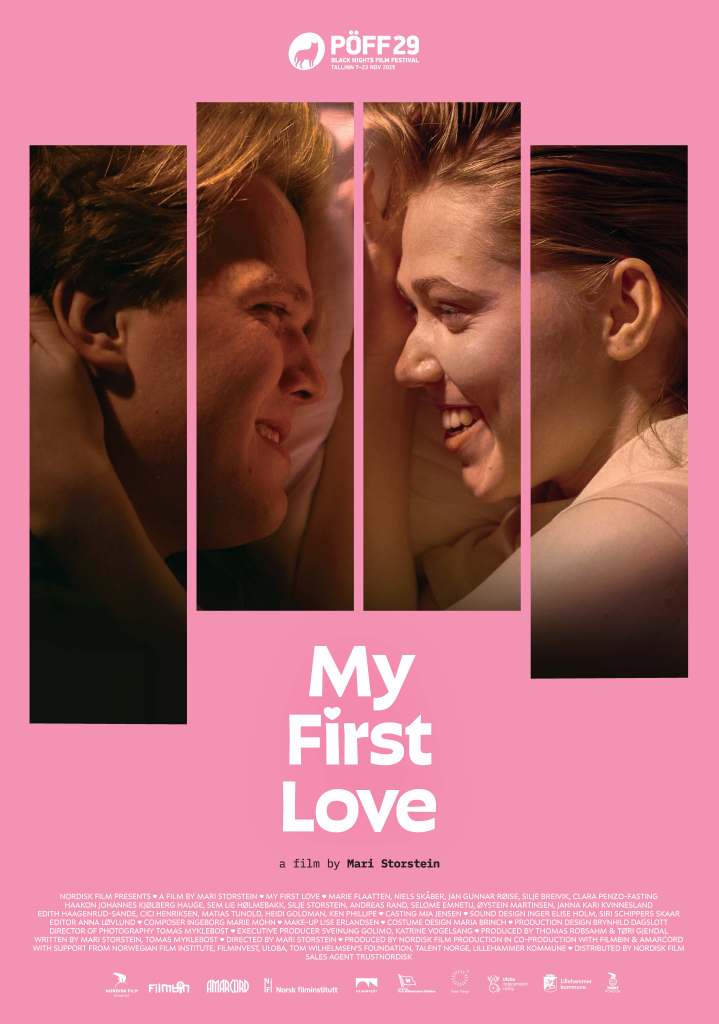 My First Love -elokuvan juliste. Vaaleanpunaisella taustalla on neljään osaan jaettu lähi kuva elokuvasta, jossa päähenlöt Oliver ja Ella katselevat toisiaan rakastavasti aamuauringon valaisemalla sängyllä. Julisteessa on luettavissa elokuvan nimi ja teksti "a film by Mari Storstein"